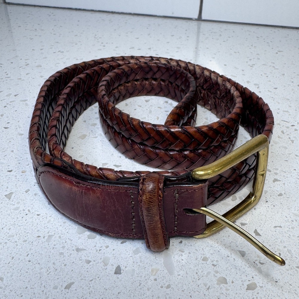 Brighton Mens Braided Leather Belt 38 Brown Woven Solid Brass‎ Buckle 95536 USA